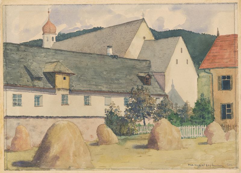 Landscape oil painting by Ján Thain depicting a monastery surrounded by mountains and light.