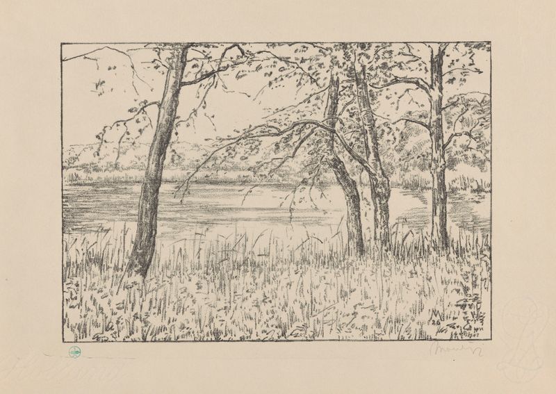 Bomen aan een meer Meer en bosch de Simon Moulijn, óleo sobre tela que retrata árvores à beira da água