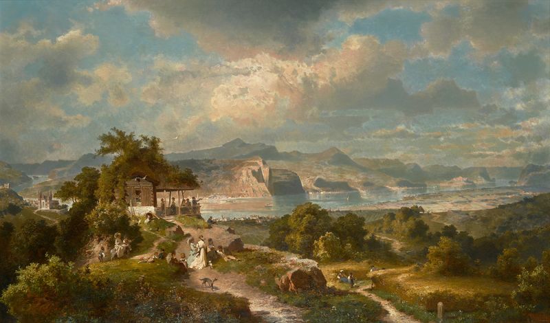 Paisagem com luz dourada de Franz Richard Unterberger, pintura a óleo