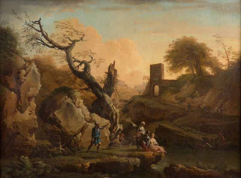 Rococo genre scene depicting soldiers conversing by a river, oil painting by Joseph Vernet