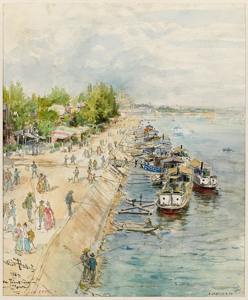 Oil painting by Alexandre Prévost depicting boats at dawn on water