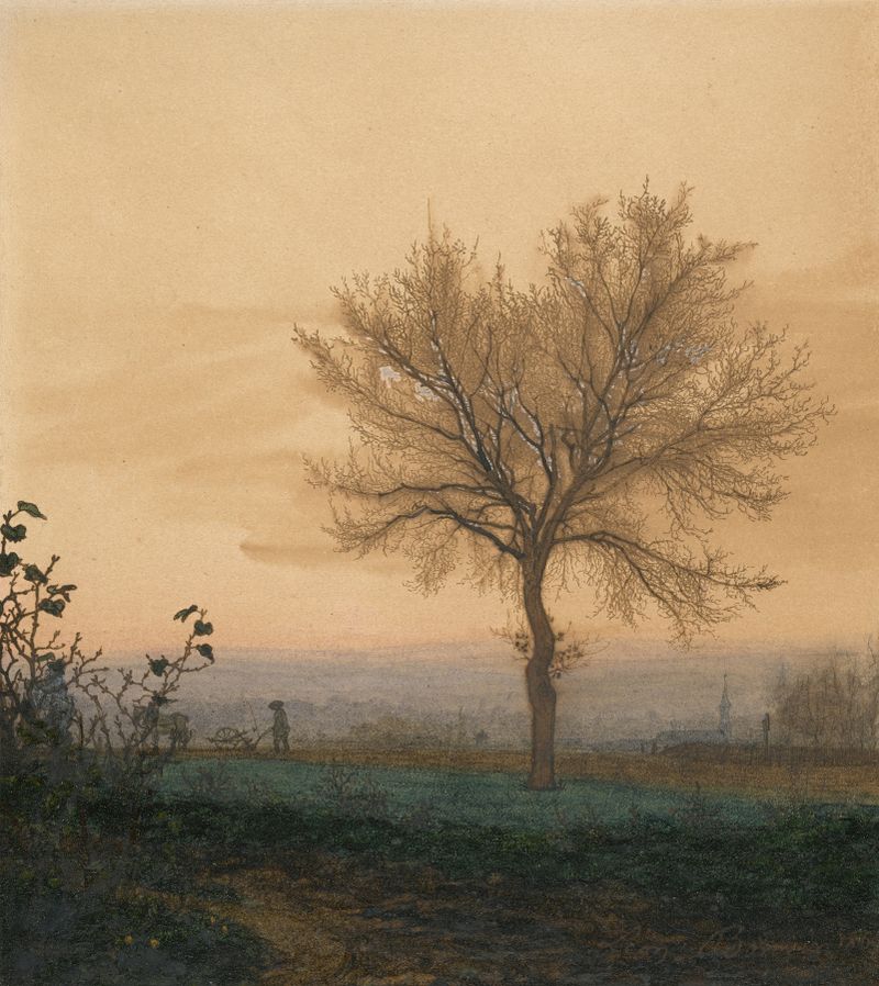 Landscape with a Bare Tree and a Plowman, oil on canvas by Léon Bonvin