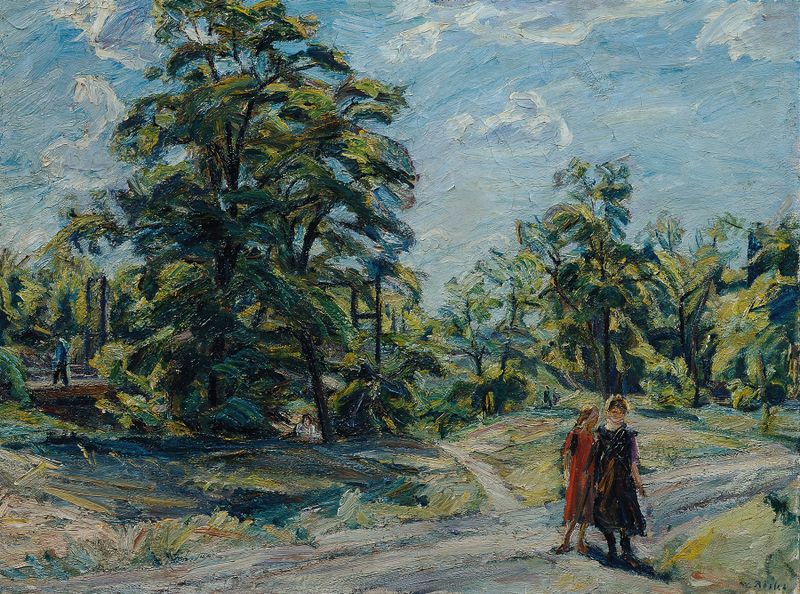 Landscape with towering trees and dappled sunlight, oil on canvas by Waldemar Rösler
