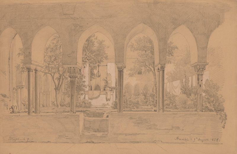 Cloister with Arcade Gallery in Amalfi by Arthur Blaschnik, oil painting depicting arches and sunlight.