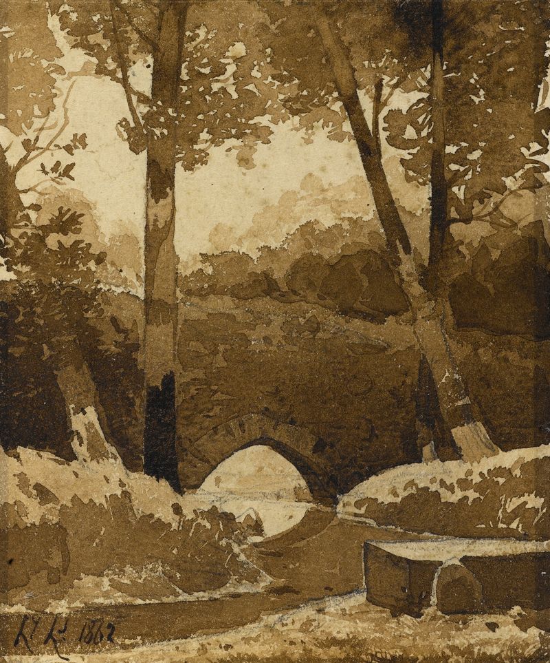 Pintura a óleo de Henri-Joseph Harpignies retratando uma paisagem tranquila com uma ponte e reflexos no rio.
