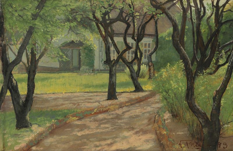 A winding path landscape by Laurits Andersen Ring, oil painting with dappled sunlight.
