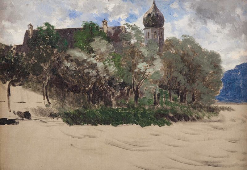 Die Frauenkirche am Chiemsee de Joseph Wopfner, pintura a óleo, apresenta uma igreja ao lado de um lago sob céus nublados.