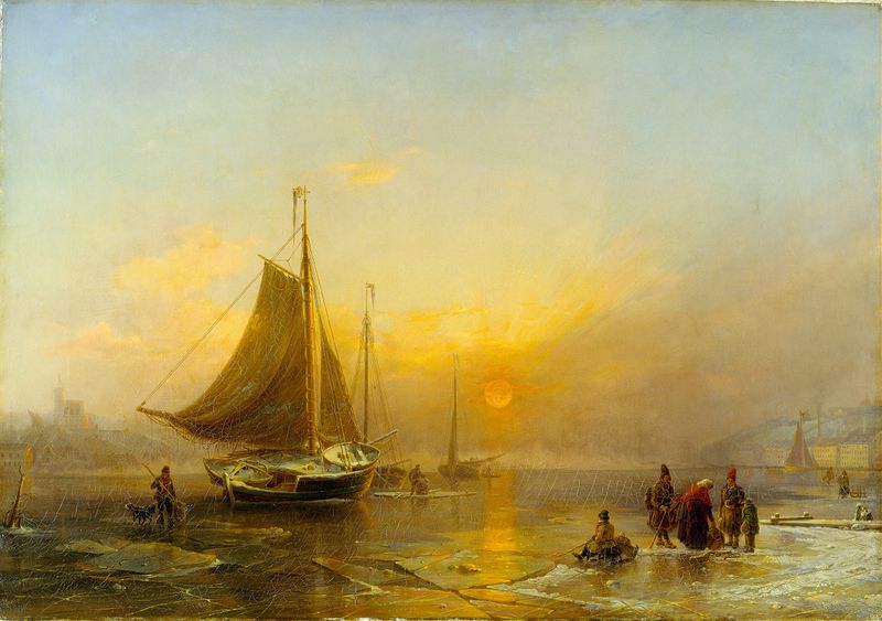 El arroyo de Estocolmo en invierno, óleo sobre lienzo de Johan Christian Berger, que representa un paisaje invernal con hi...