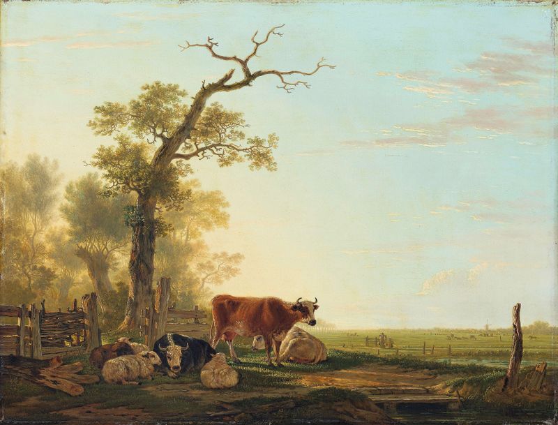 Meadow Landscape with Animals by Jacob van Strij, oil on canvas, featuring a lush meadow with animals and clouds.