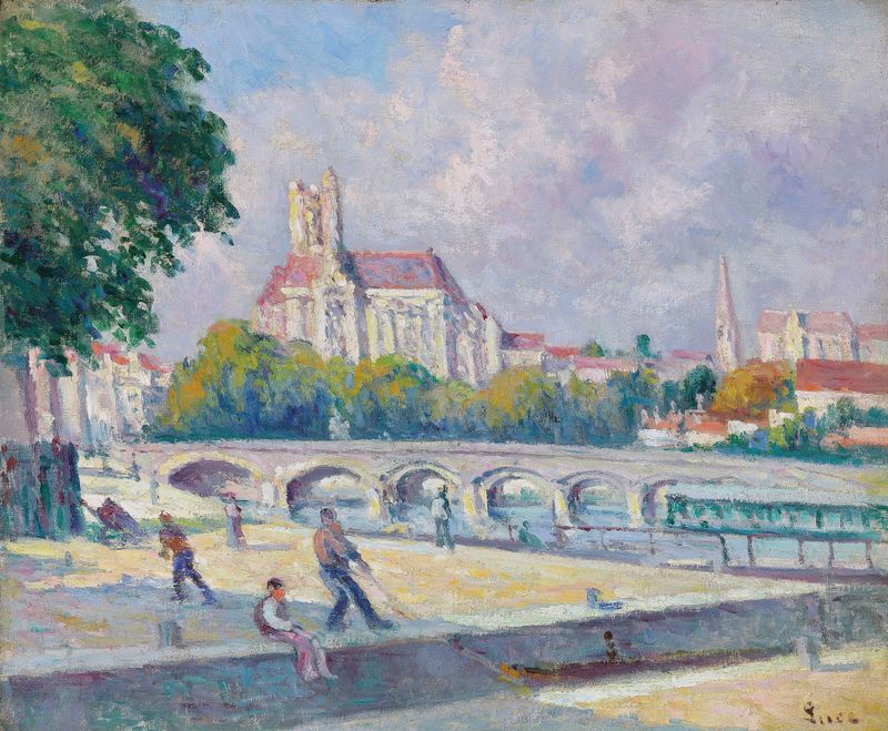Post-Impressionism oil painting by Maximilien Luce depicting a tranquil river and cathedral