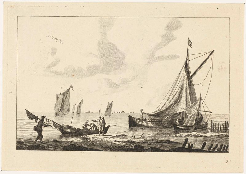 Grabado marino de Unknown Artist que muestra barcos de pesca en un tranquilo canal