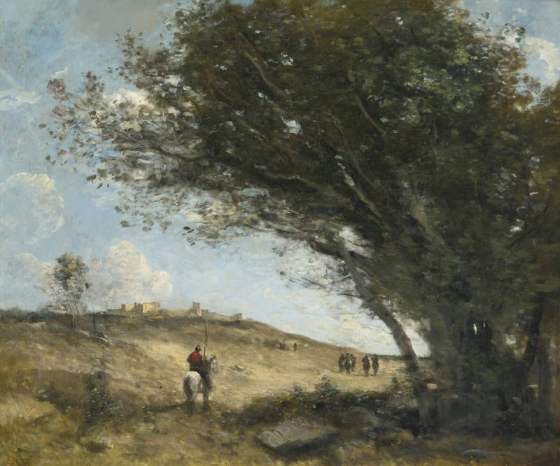 Les Gaulois, óleo sobre tela de Jean-Baptiste-Camille Corot mostrando figuras em uma paisagem serena.