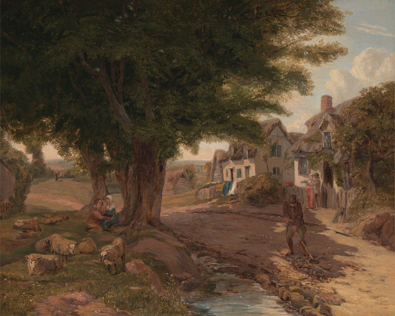 Village Scene de Jessica Landseer, óleo sobre lienzo que representa un paisaje tranquilo con una colina.