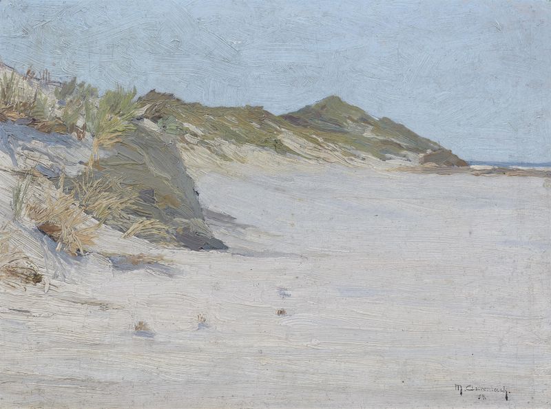 Dünenstrand in Vlissingen de Max Clarenbach, óleo sobre lienzo que muestra dunas y mar tranquilos.
