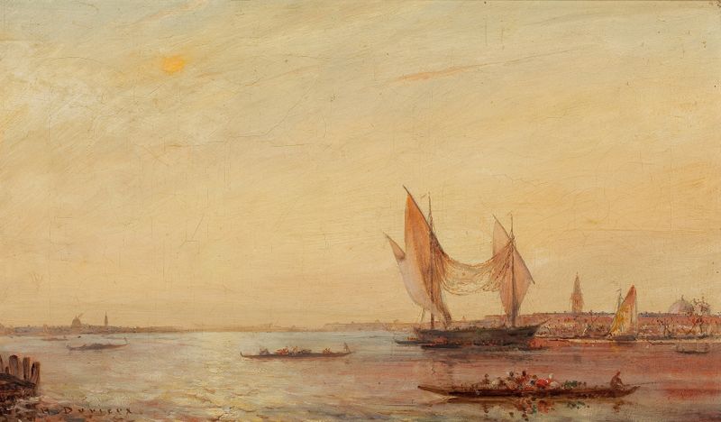 Harbor scene oil painting by Henri Duvieux depicting boats and twilight reflections on water.