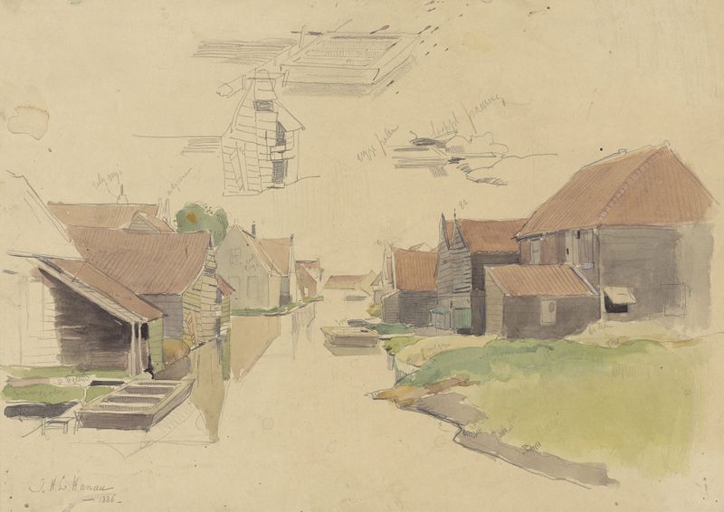 Architecture study by Jan H.L. Hanau, 1886, depicting Amsterdam houses and cobblestones.