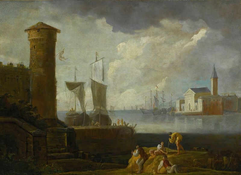 A Capriccio View Of San Giorgio Maggiore by Marco Ricci, oil on canvas showing water and architecture.