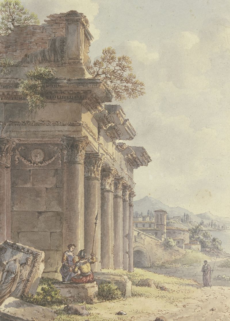 Ruinas de una fachada de templo en tinta y lavados de Victor-Jean Nicolle