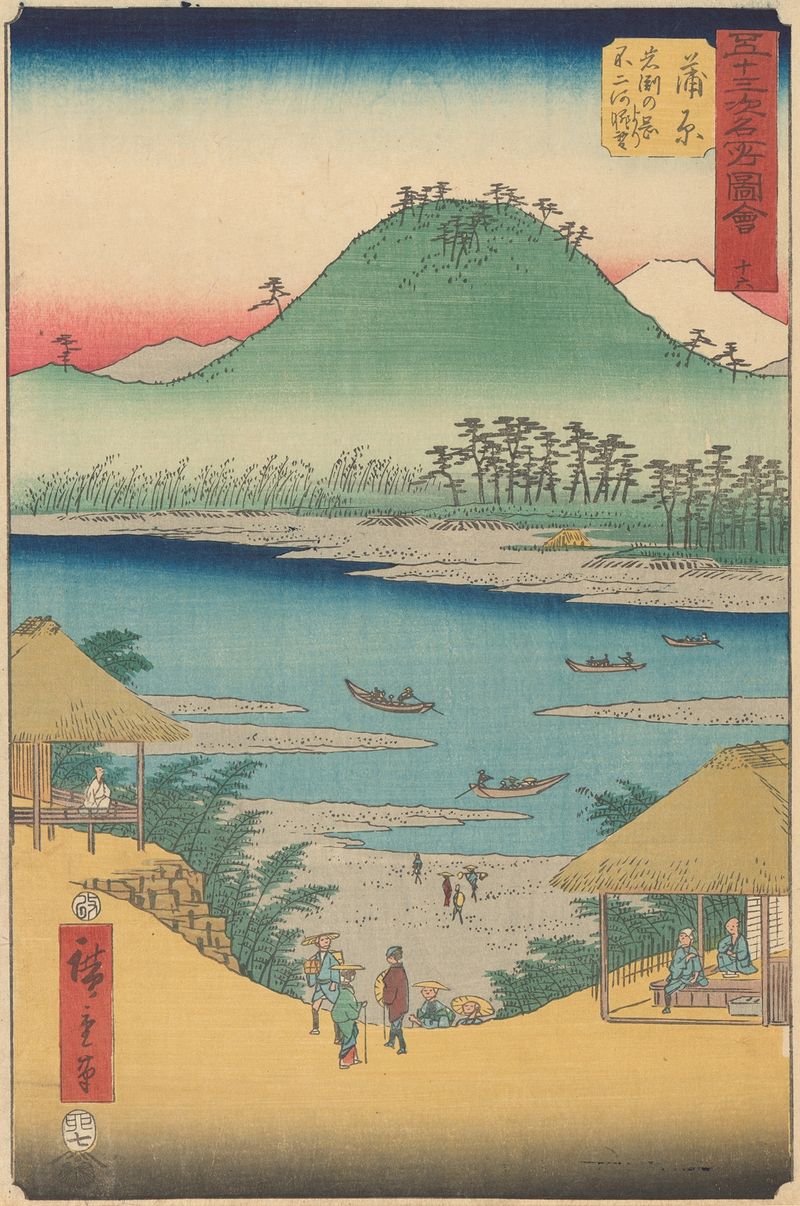 Gravura em madeira de Utagawa Hiroshige representando uma paisagem serena com árvores e um céu em degradê.