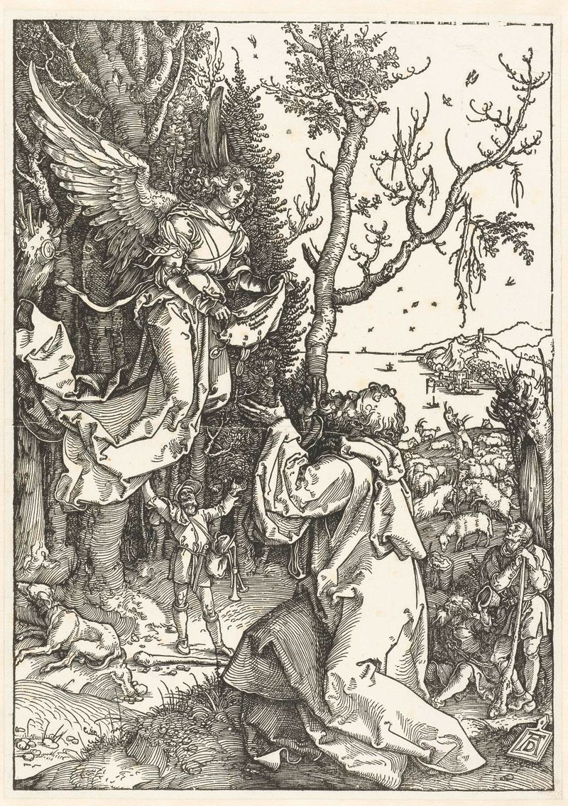 De aankondiging aan Joachim de Albrecht Dürer, medio papel, representando a Joaquín bajo un arco.