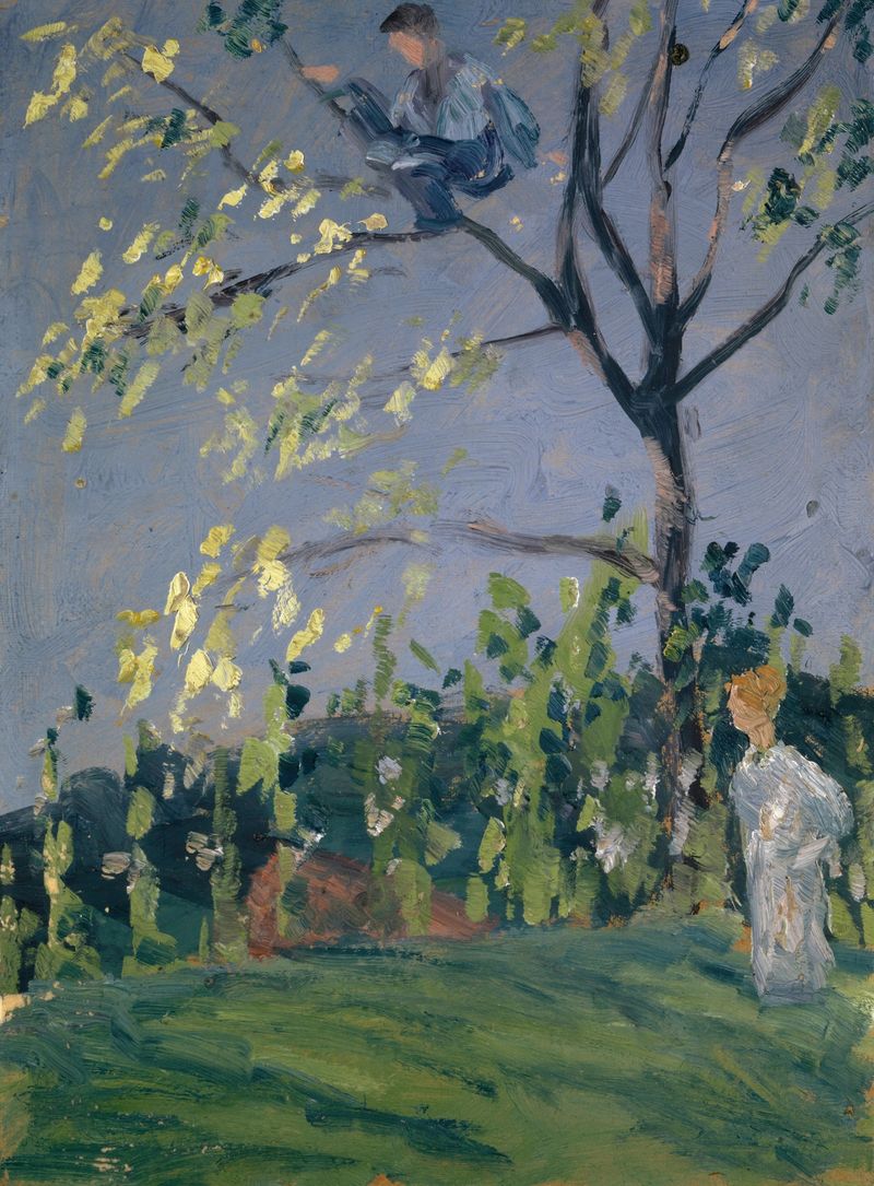 Pintura figurativa al óleo de Ernst Schiess que representa a un niño en un árbol.