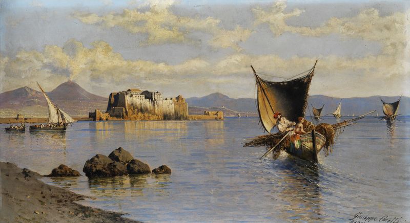 Marine scene depicting Bucht von Neapel with Castel dell’Ovo by Giuseppe Carelli, oil painting