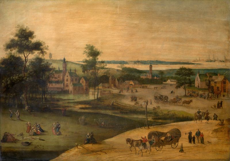 Village at the Scheldt, oil painting by Jacob Grimmer depicting a sunset over a river.