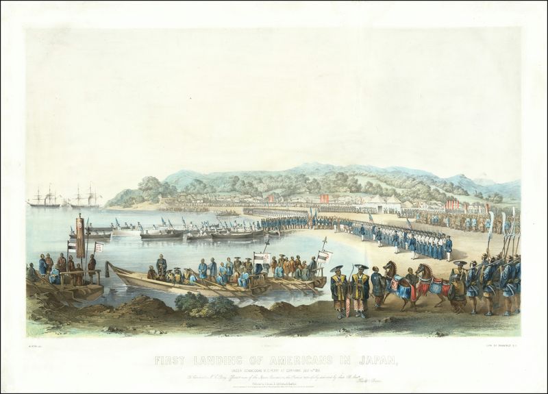 Escena histórica que muestra la llegada del comodoro Perry a Japón, óleo de Wilhelm Heine.