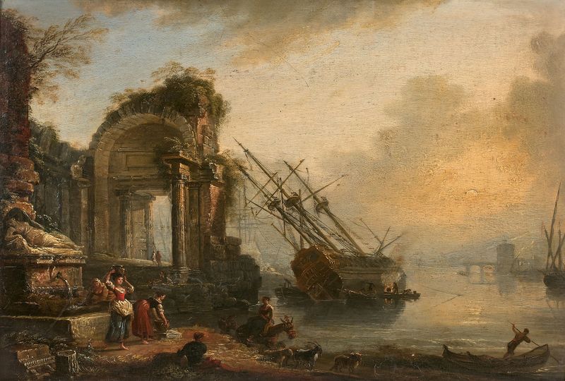 Littoral animé de personnages au Levant et Littoral animé de personnages au couchant, oil on canvas by Jean-Baptiste Lallemand