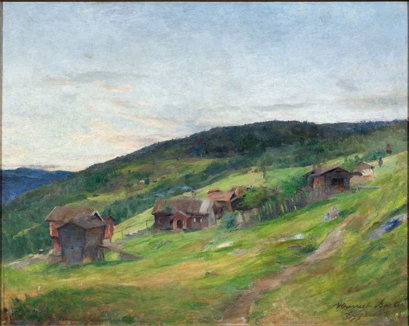 Landscape, Eggeda by Harriet Backer, oil on canvas depicting hillside, water, and clouds