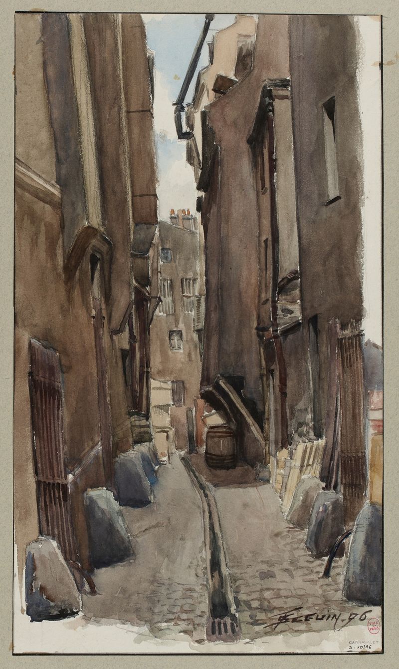 Le Cul de sac du Bœuf by F. Séguin, depicting Parisian architecture in an unknown medium.