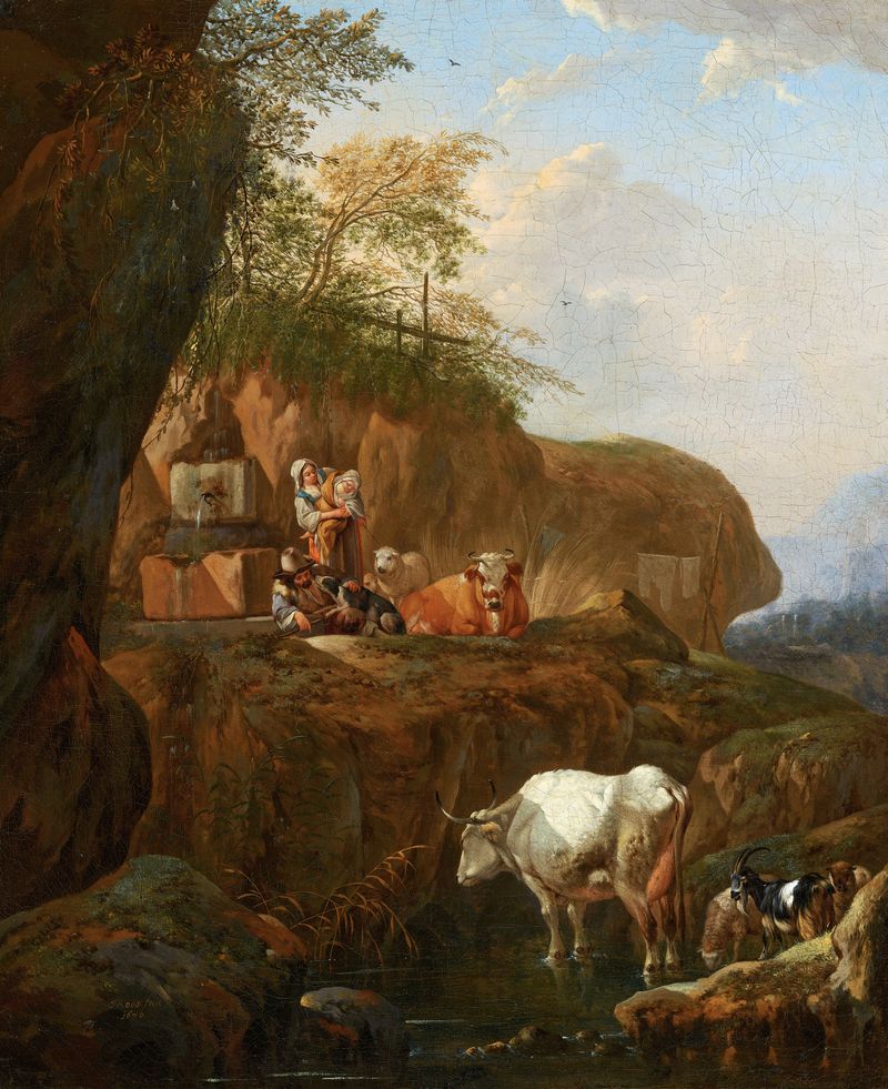 Italian Landscape by Johann Heinrich Roos, oil painting depicting a serene nature scene with trees and a path.