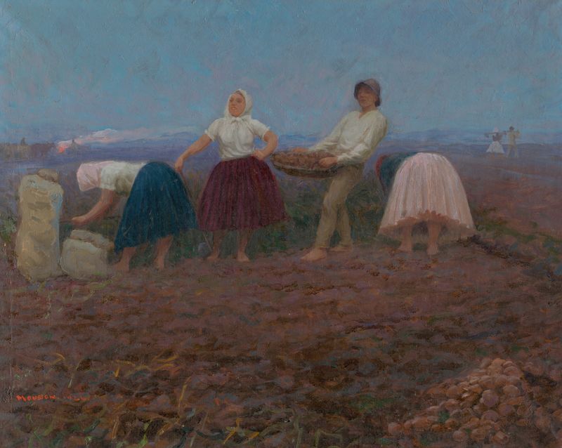 Potato Picking, oil on canvas by Jozef Teodor Mousson, depicting a woman harvesting potatoes.