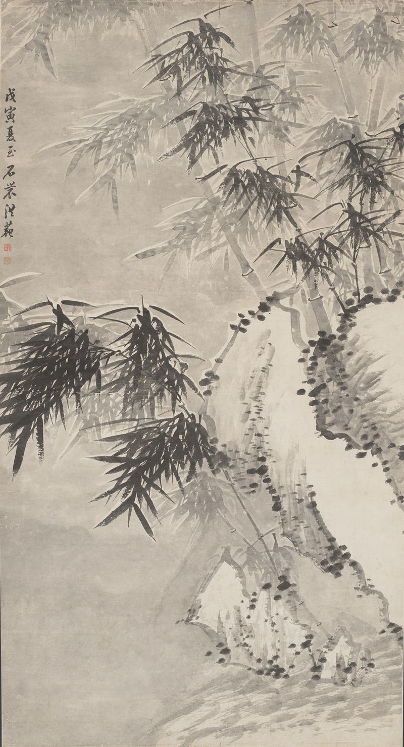 Bamboo in Snow de Hong Fan, retratando hastes de bambu contra a neve branca, meio tradicional chinês