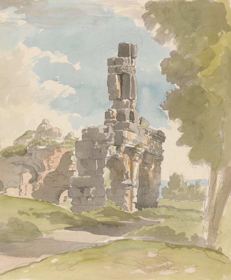 Ruins at Capua by Carlo Labruzzi, depicting crumbling columns and sculptures, oil painting