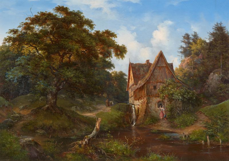 Die Mühle im Eichtal, óleo sobre tela de Ernst Ferdinand Oehme, apresentando um moinho e árvores.