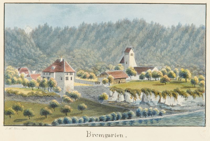 Paisagem de Jakob Samuel Weibel, óleo sobre tela, com colinas e uma superfície de água refletiva.