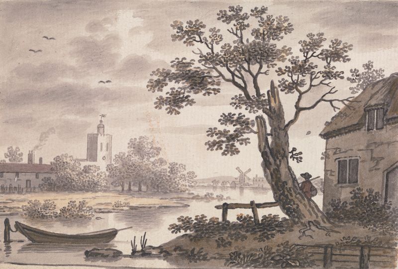 Escena de río con iglesia, cabaña y molino de viento de John Collet, pintura al óleo