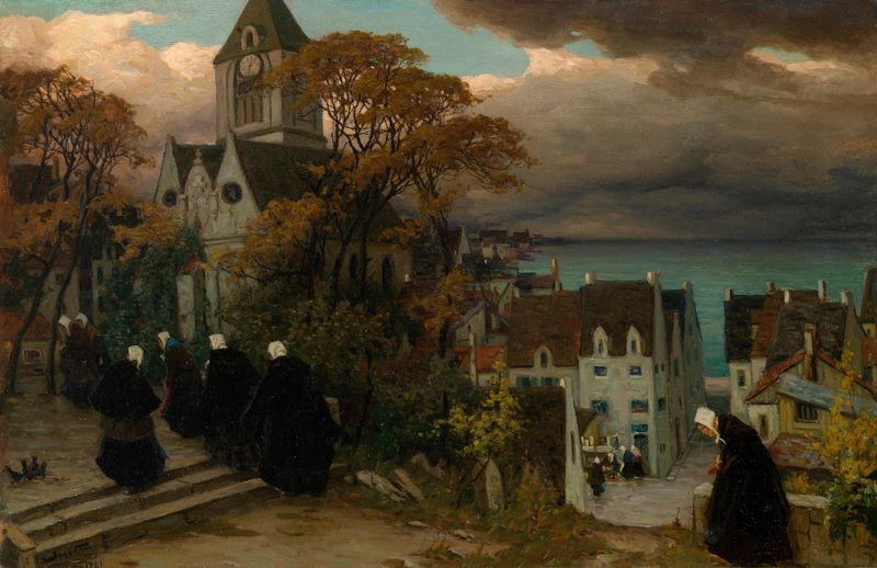 Mujeres bretonas en su camino a misa, óleo sobre lienzo de Viktor Zarubin