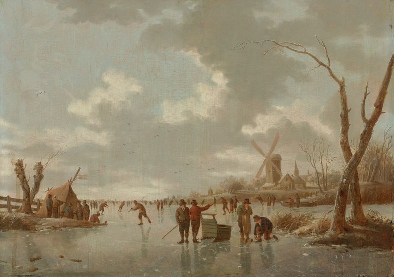 Winter scene with skaters on a frozen river by Hendrik Willem Schweickhardt, oil painting