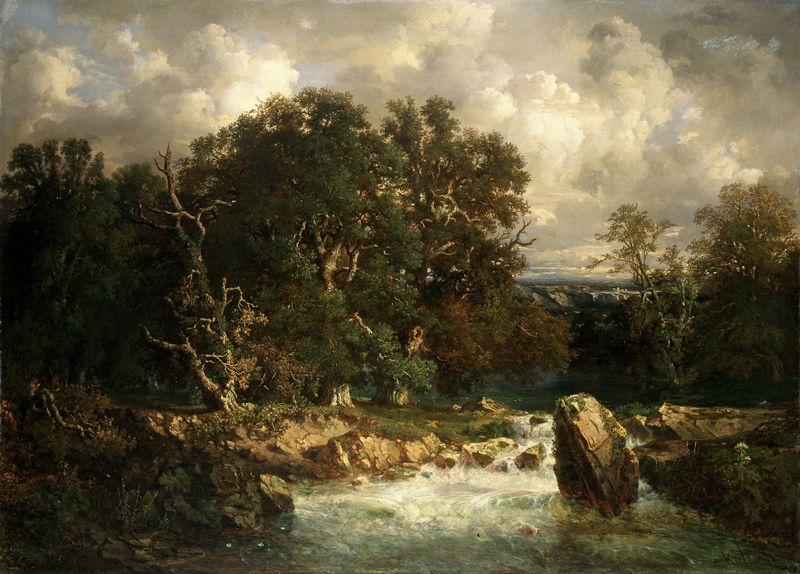 River Landscape by Frans Keelhoff, oil painting depicting a river and sky with sunlight reflections.