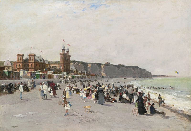 View of the Beach and Casino at Dieppe by Luigi Loir, oil on canvas depicting a lively beach scene