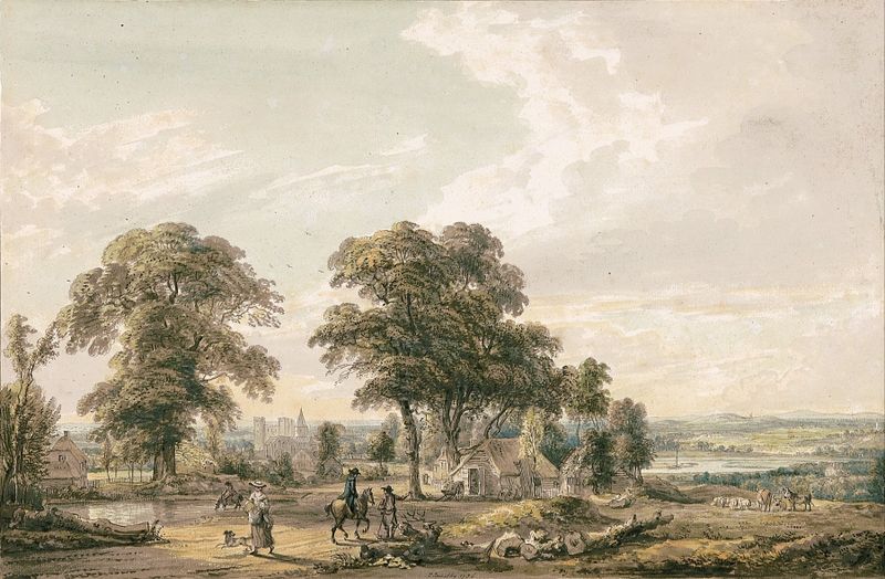 Approaching Rochester and the Medway de Paul Sandby, pintura a óleo com colinas e um rio