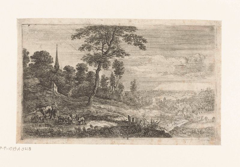 Landschap met een veehoeder by Lucas van Uden, etching of a herdsman with cattle in a landscape.