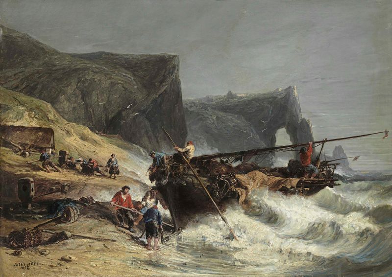 Fishermen Bringing In A Boat, oil on canvas by Jules-Achille Noël, showing fishermen hauling a boat ashore.
