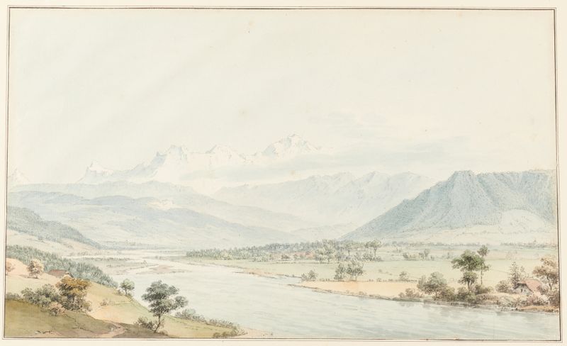 Landscape drawing by Johann Ludwig Aberli depicting serene Swiss countryside