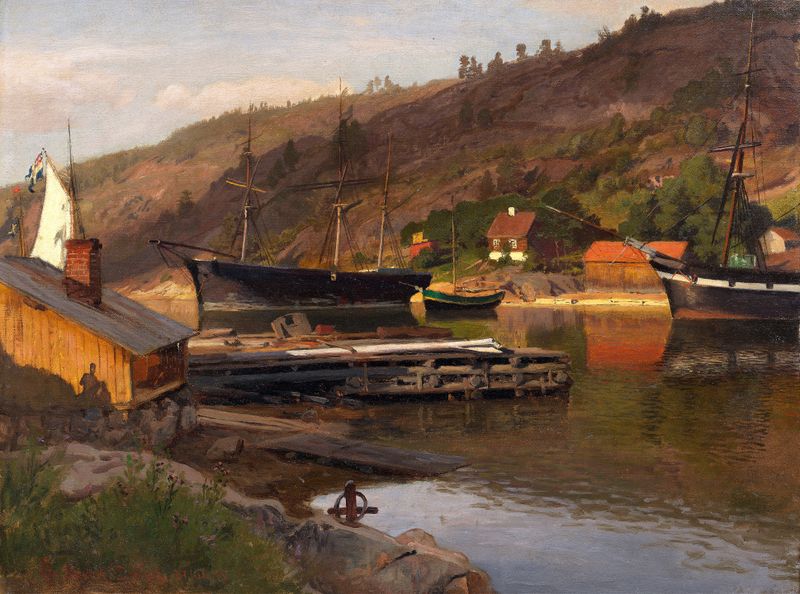 Landingsbrygge Husvik, Drøbak de Hans Gude, óleo sobre lienzo que muestra barcos y reflejos en el agua.