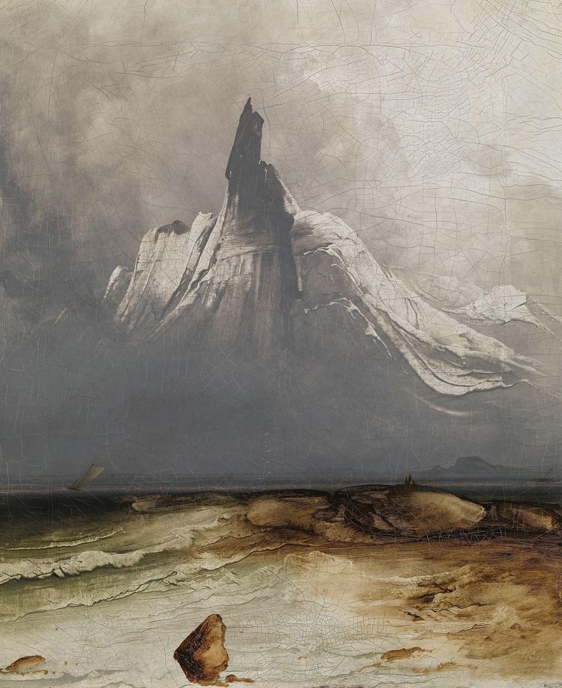 Stetind in Fog, pintura al óleo de Peder Balke, que representa una montaña envuelta en niebla.
