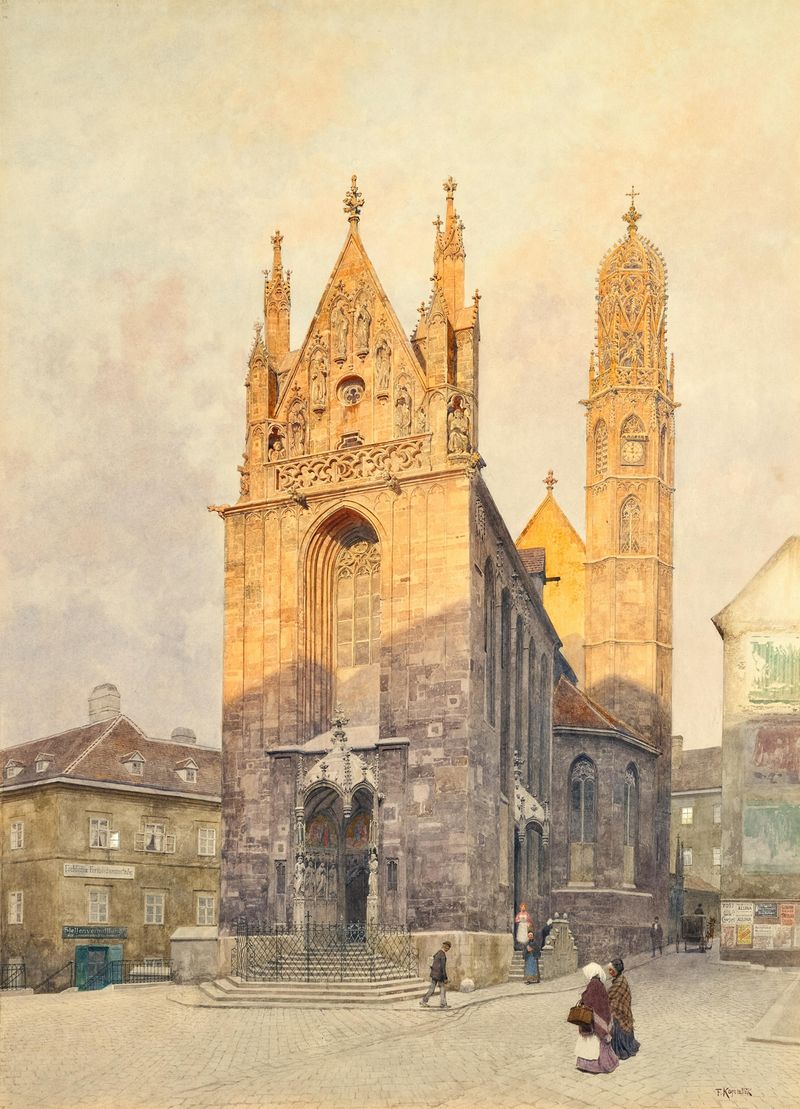 The church Maria am Gestade in Vienna at evening sun, oil painting by Franz Kopallik