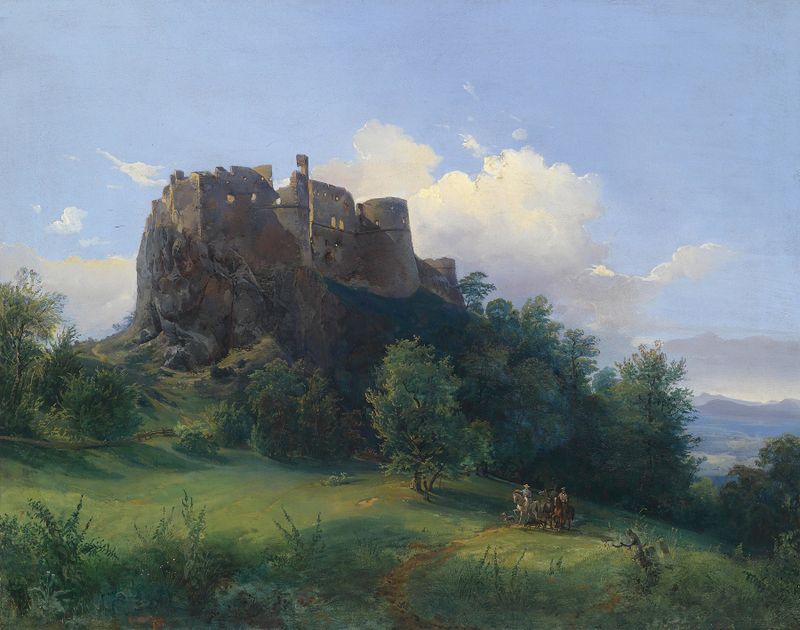 Paisaje de Schloss Paulenstein de Joseph Holzer, óleo que presenta colinas onduladas y un cielo que se desvanece.